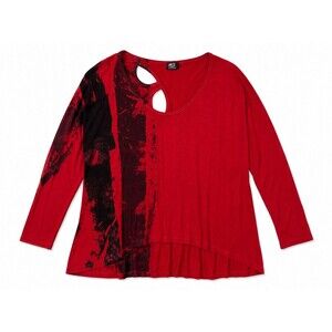 Art of Cloth Top Size 1x Red Black Print Cut Out Back High Low Hem Scoop Neck